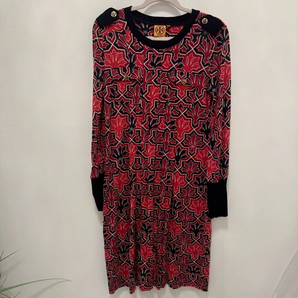 Tory‎ Burch Long Sleeve Pleated Ribbed Dress Women’s Medium Red Navy